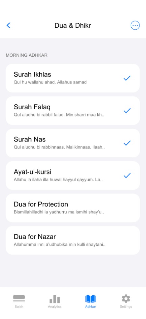 Adhkar list view showing Morning Adhkar